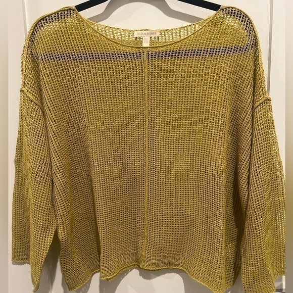 Eileen Fisher Yellow Organic Linen Knit Mesh Box Sweater Top size Medium M boho - Picture 5 of 11